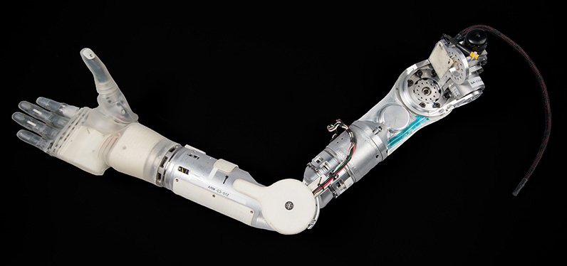 The Gen 2 prototype of the arm, acquired in 2015 by the National Museum of Health and Medicine in Silver Spring, Maryland. VA research scientist Linda Resnik led a multi-site study that evaluated both the Gen 2 and Gen 3 versions of the prosthetic device. (National Museum of Health and Medicine)