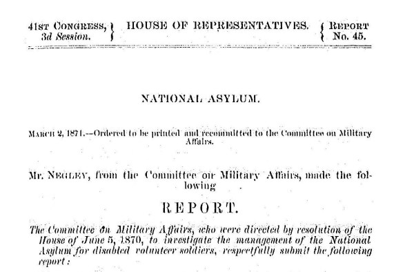 The start of the annual report for 1870 submitted to Congress pertaining to the operation of the National Home for Disabled Volunteer Soldiers.