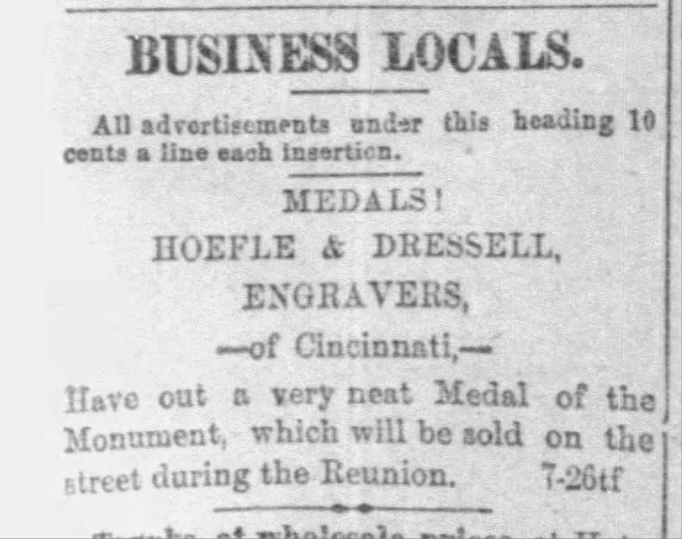 Advertisement from The Dayton Herald for medals sold during the unveiling of the monument. (Dayton Herald / Newspapers.com)