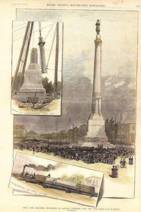 Illustration showing the transport and construction of the Soldiers Monument in 1884. (VA)