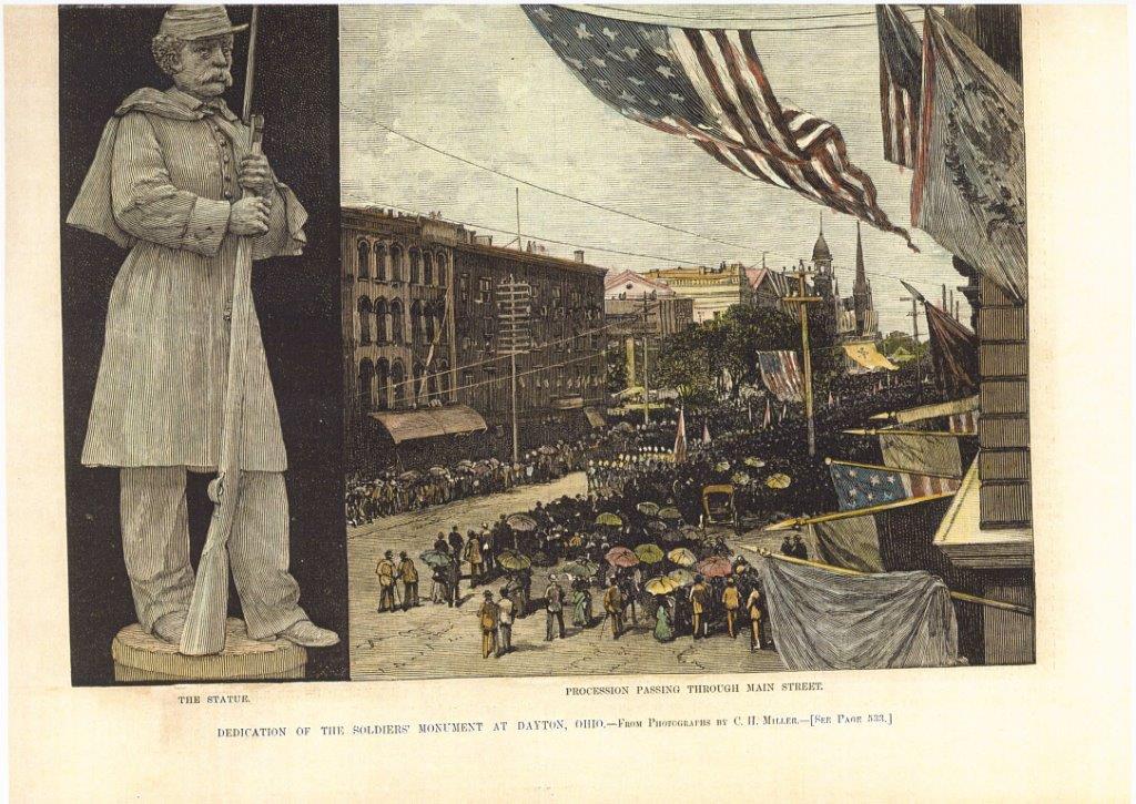 Illustration of the monument's procession through downtown Dayton in 1884. (VA)