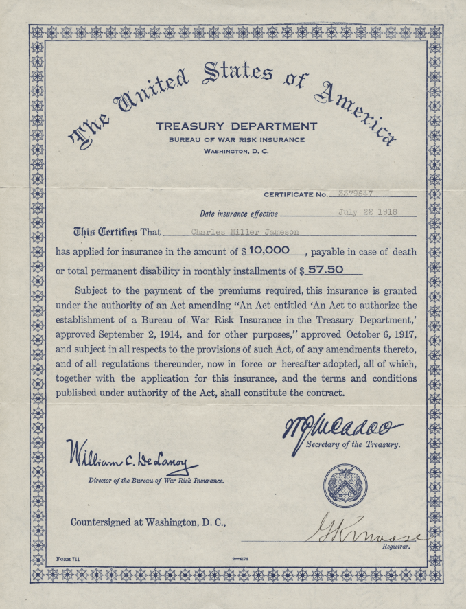 Insurance certificate from 1918.