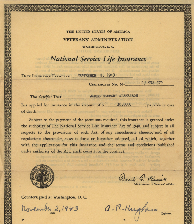 Insurance certificate from 1943.