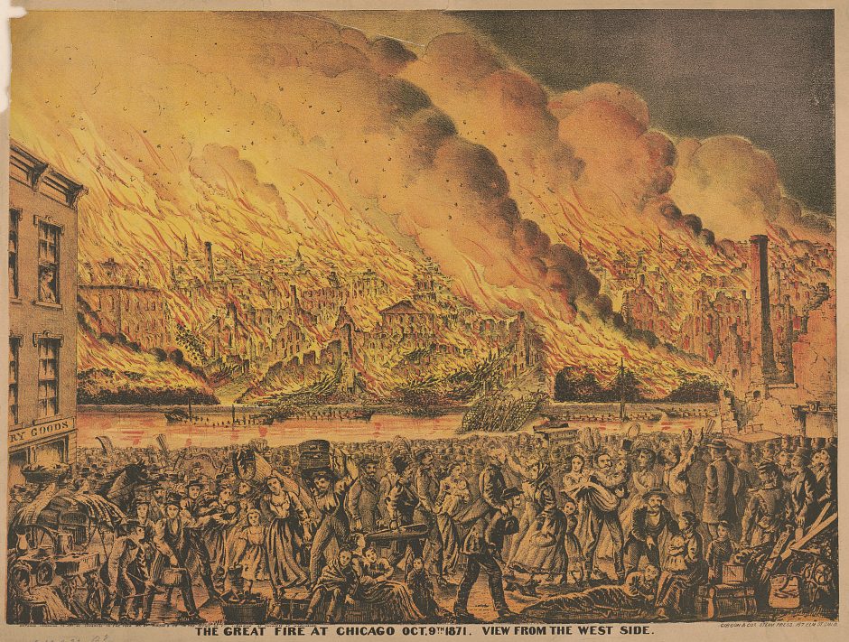 Lithograph depicting the Great Chicago Fire.