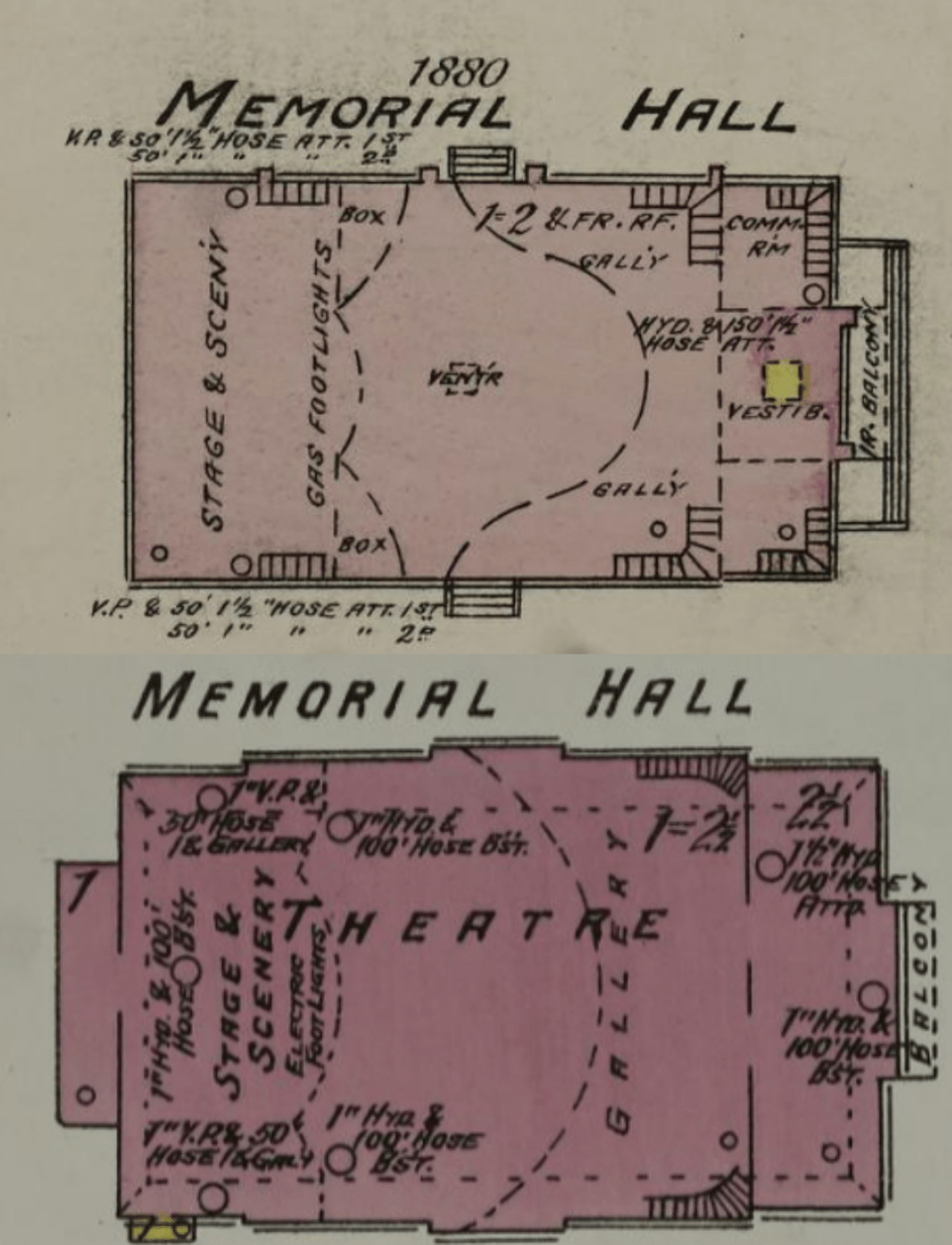 Comparison of Memorial Hall as it appears in Sanborn Maps, 1886.