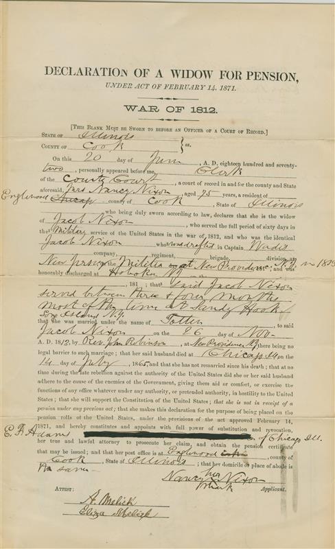 Widow's pension application of War of 1812 Veteran submitted in 1872. (National Archives)