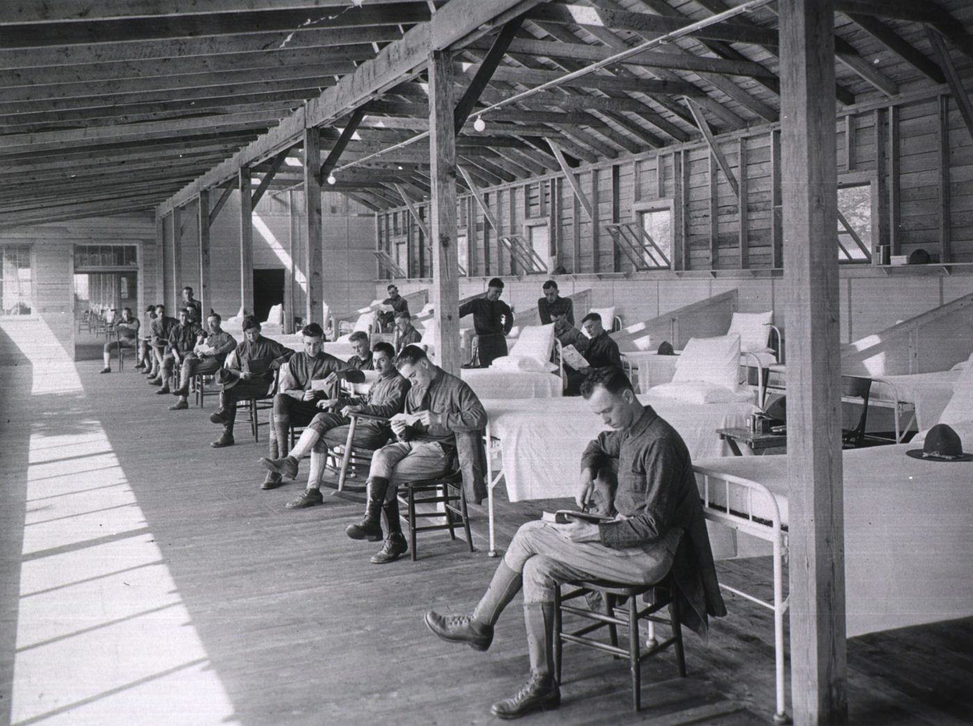 Soldiers recovering from tuberculosis in an open-air ward.