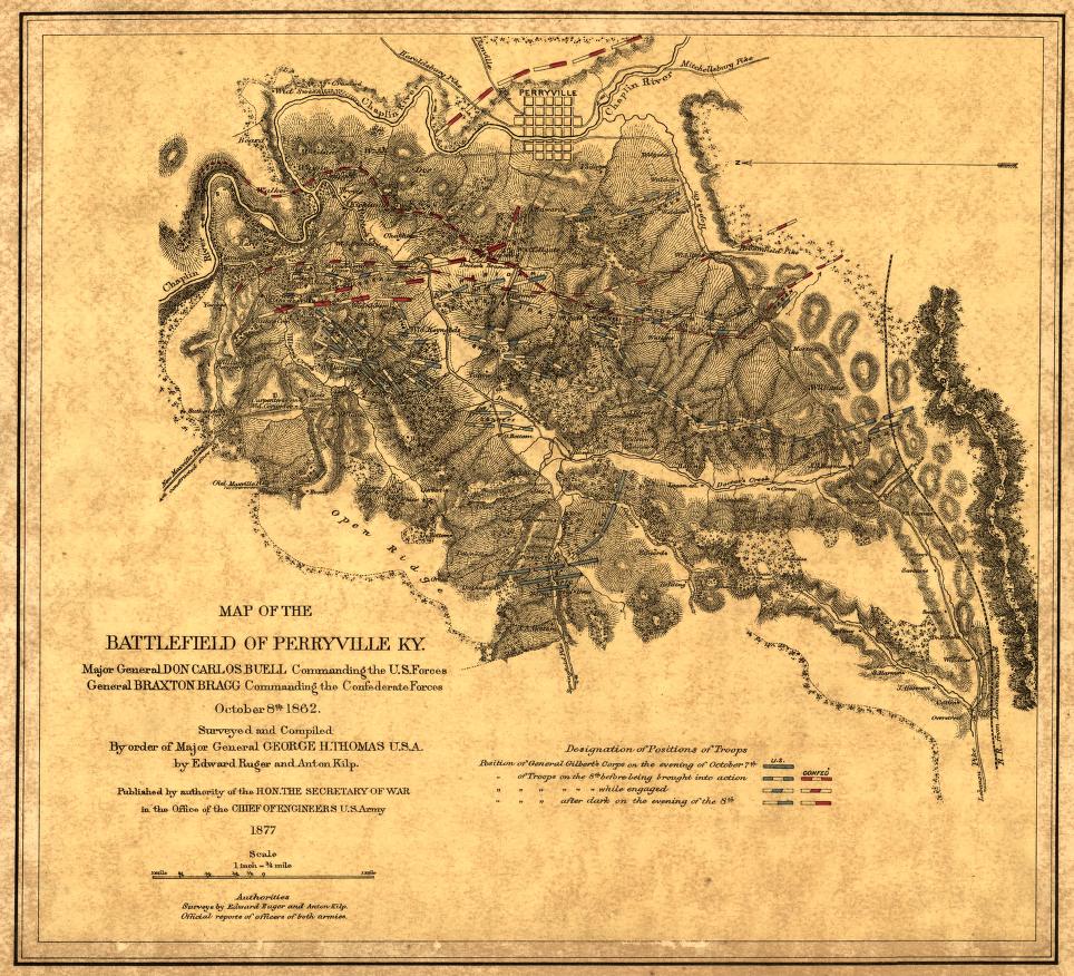 Map of the Battle of Perryville, which shows both the terrain of the battlefield and troop positions throughout the engagement.