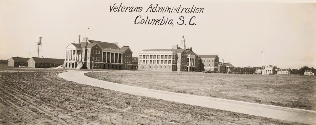Scrapbook photo of the new VA hospital complex in Columbia, South Carolina, that opened in 1932 with a bed capacity of 304