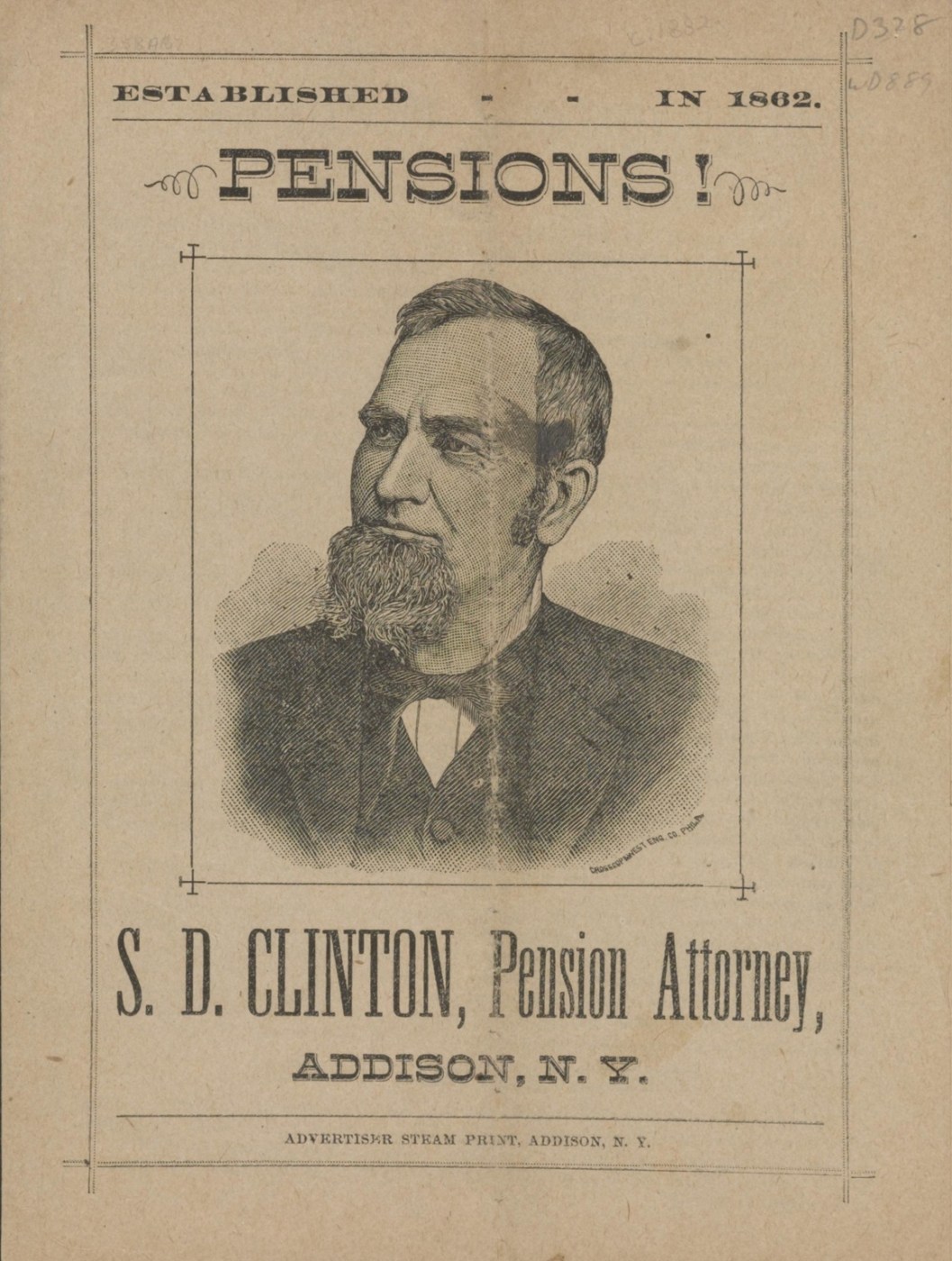 Promotional pamphlet distributed by attorney S.D. Clinton offering to represent Union Veterans and dependents in the filing of pension claims. Lawyers like Clinton advertised far and wide to attract clientele. (Library of Congress)