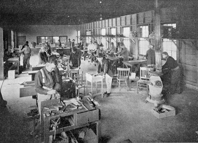 Scene in the woodworking shop at the Veterans neuropsychiatric hospital in Palo Alto, California, in 1924. The hospital sold the finished articles unless a patient wanted to keep an item. (VA) 