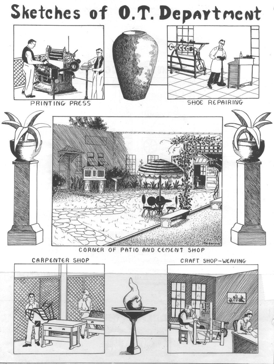 Sketches showing some of the occupational therapy activities offered by the Palo Alto hospital. Patients set type in the print shop for a biweekly newsletter titled “The Live Oak.” (VA)