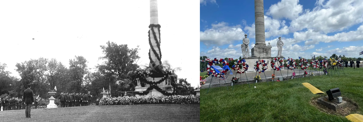 Images comparing the Soldiers’ Monument on Memorial Day in the late 1800s (NVAHC) and last year in 2024. (VA)
