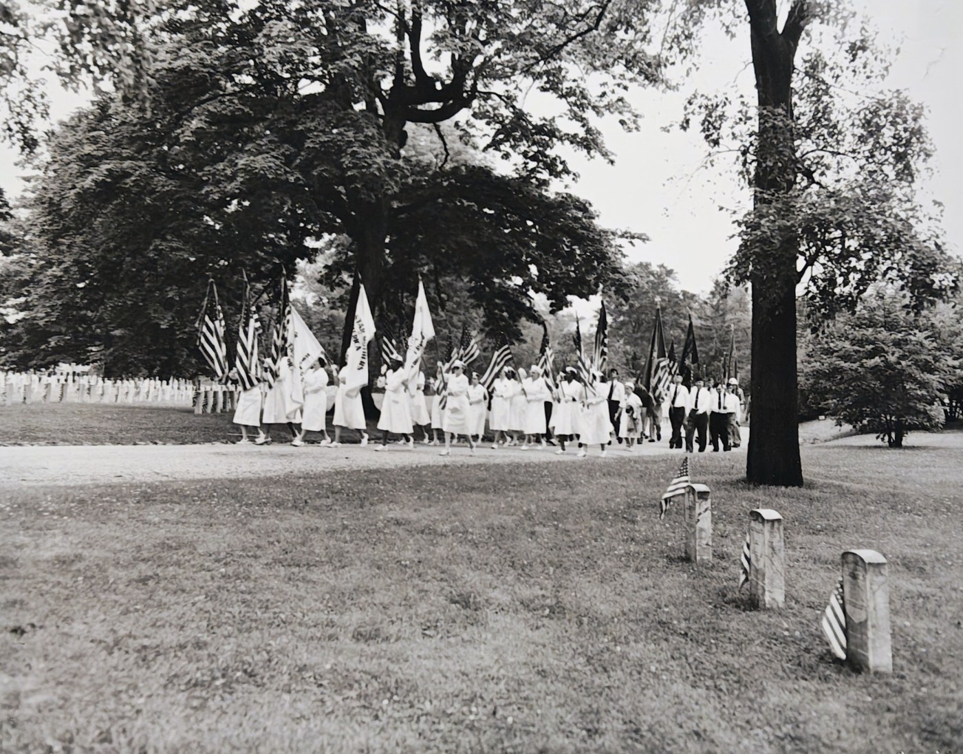 An example of several of the Veterans’ groups marching towards the Soldiers’ Monument to listen to the day’s speaker in 1962. (NVAHC)