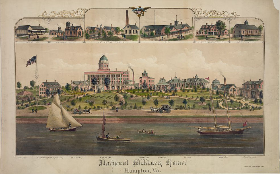 Lithograph from the 1880s presenting a waterfront view of the Southern Branch of the National Home for Disabled Volunteer Soldiers. Over 3,000 Veterans resided at the branch in the 1890s and early 1900s. (Library of Congress)