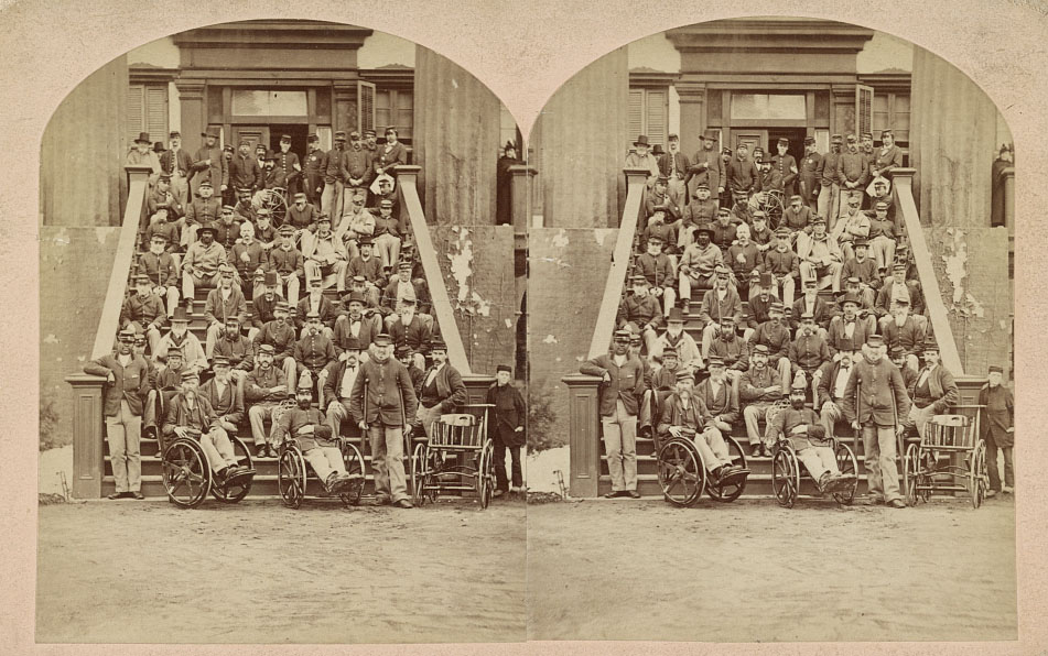 Stereographic photo of Southern Branch residents, taken in the 1870s. Intended to cater to Black Veterans after the Civil War, the Hampton home attracted relatively few African Americans. (Library of Congress)