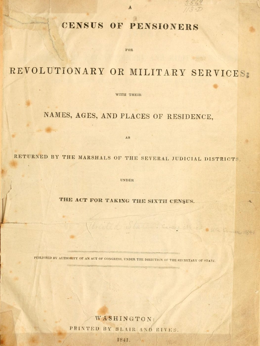 Title page of the “Census of Pensioners,” compiled from data collected during the taking of the 1840 census.