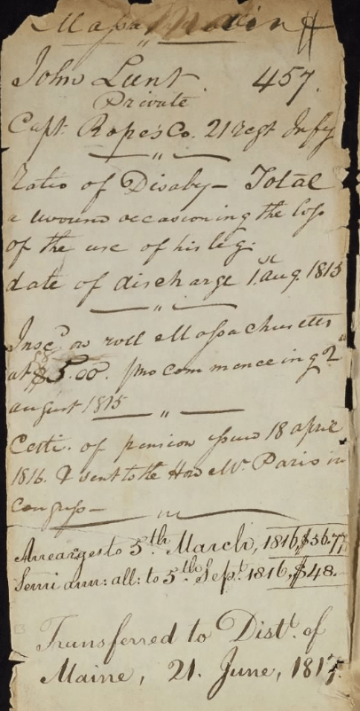 File jacket for the pension records of War of 1812 Veteran John Lunt.