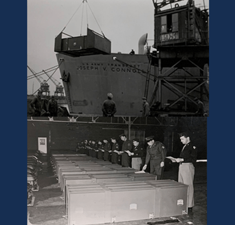 Photos of World War II repatriation efforts; Casket case loaded onto an Army transport ship, Antwerp, Belgium 1947 (TOP); Casket cases receiving inspection at the Atlanta General Depot before transport to their final destinations, Conley, Georgia 1949 (BOTTOM), (NARA).
