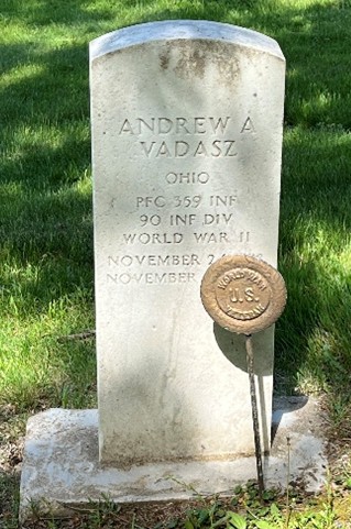 Headstone for Pvt. Andrew Vadasz as it appears today in Hartville, Ohio (FindAGrave).