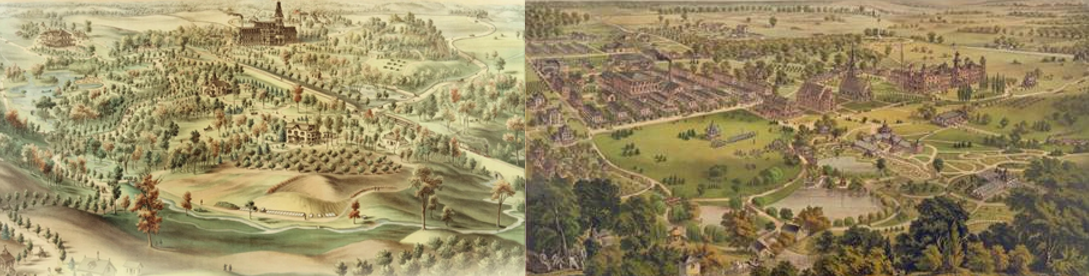 These birds-eye views of the Northwestern (Milwaukee, WI) and Central (Dayton, OH) branches of the National Home for Disabled Volunteer Soldiers show the non-standardized approach the Board of Managers took with developing the system’s campuses. The original design for the Northwestern branch (at left) was centered around a large multi-purpose building that housed most of the home’s services, while the Central branch (at right) was decentralized, with groups of smaller buildings that created separate spaces for each of the activities at the home. (Left: savethesoldiershome.com; Right: Library of Congress)