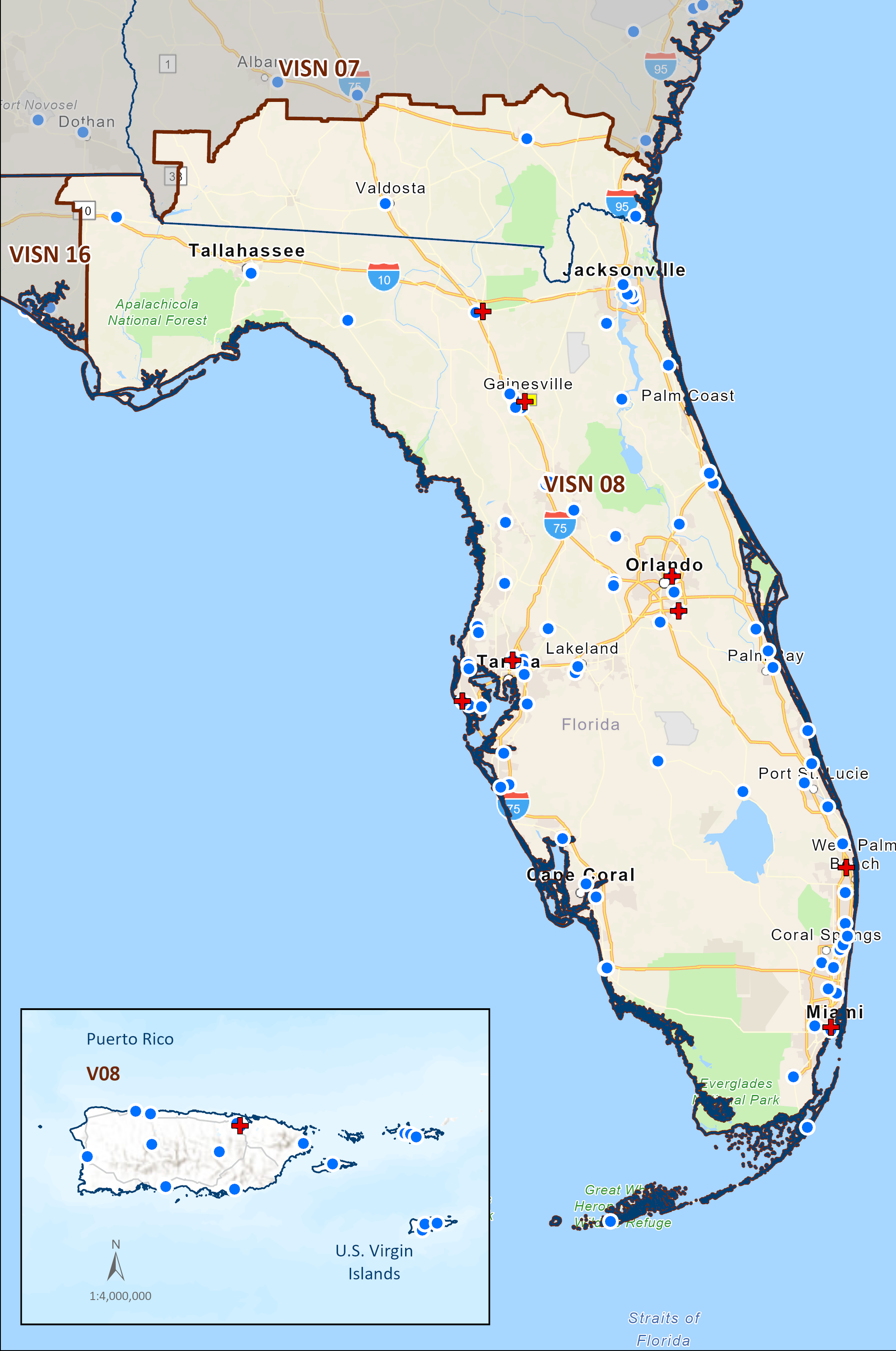 Map of Florida, parts of Georgia, and Puerto Rico. Map identifies VA Medical Center, VA Clinic, and VA Community Center Locations