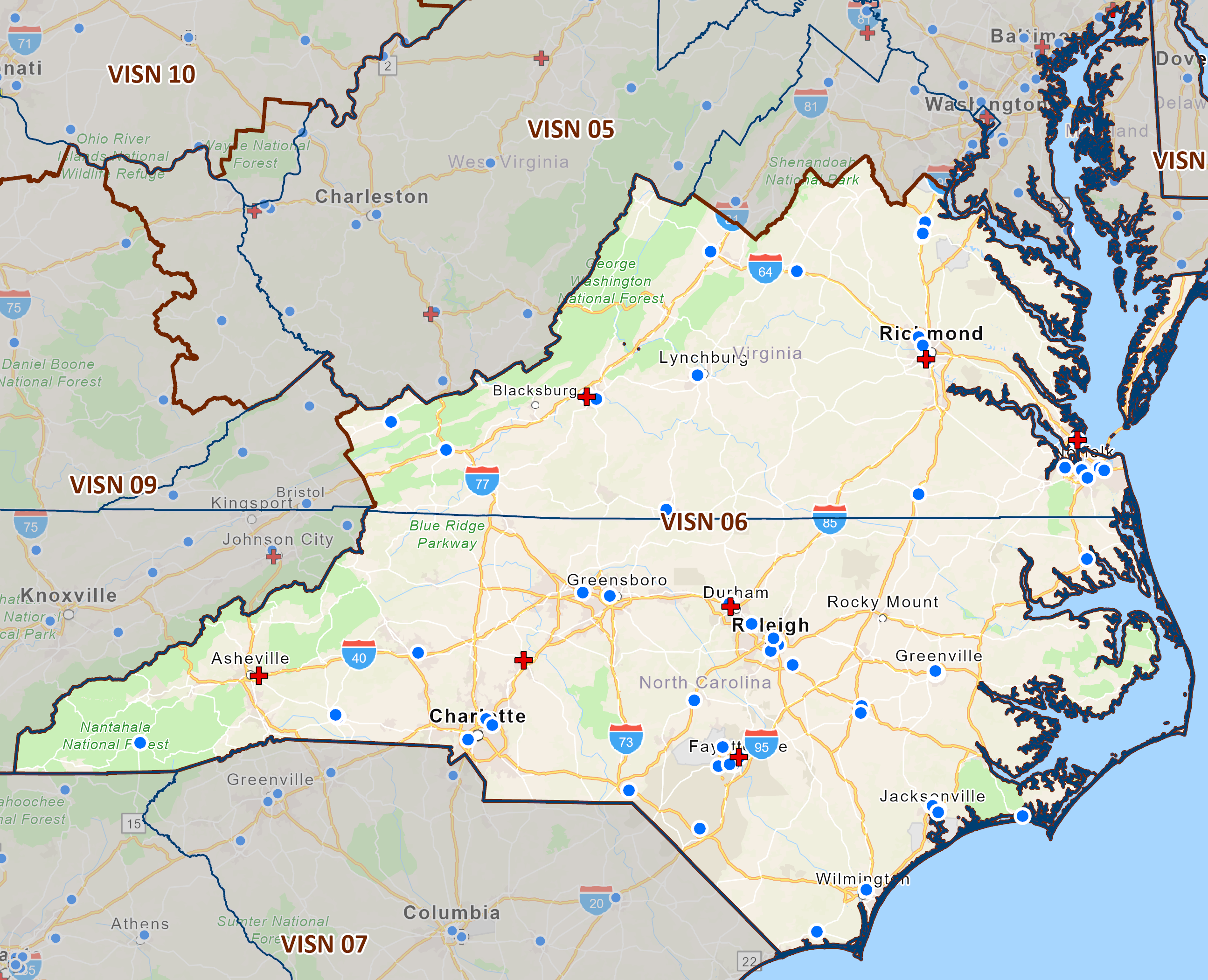 VISN 6 service area map. Shows portions of Virginia and all of North Carolina.