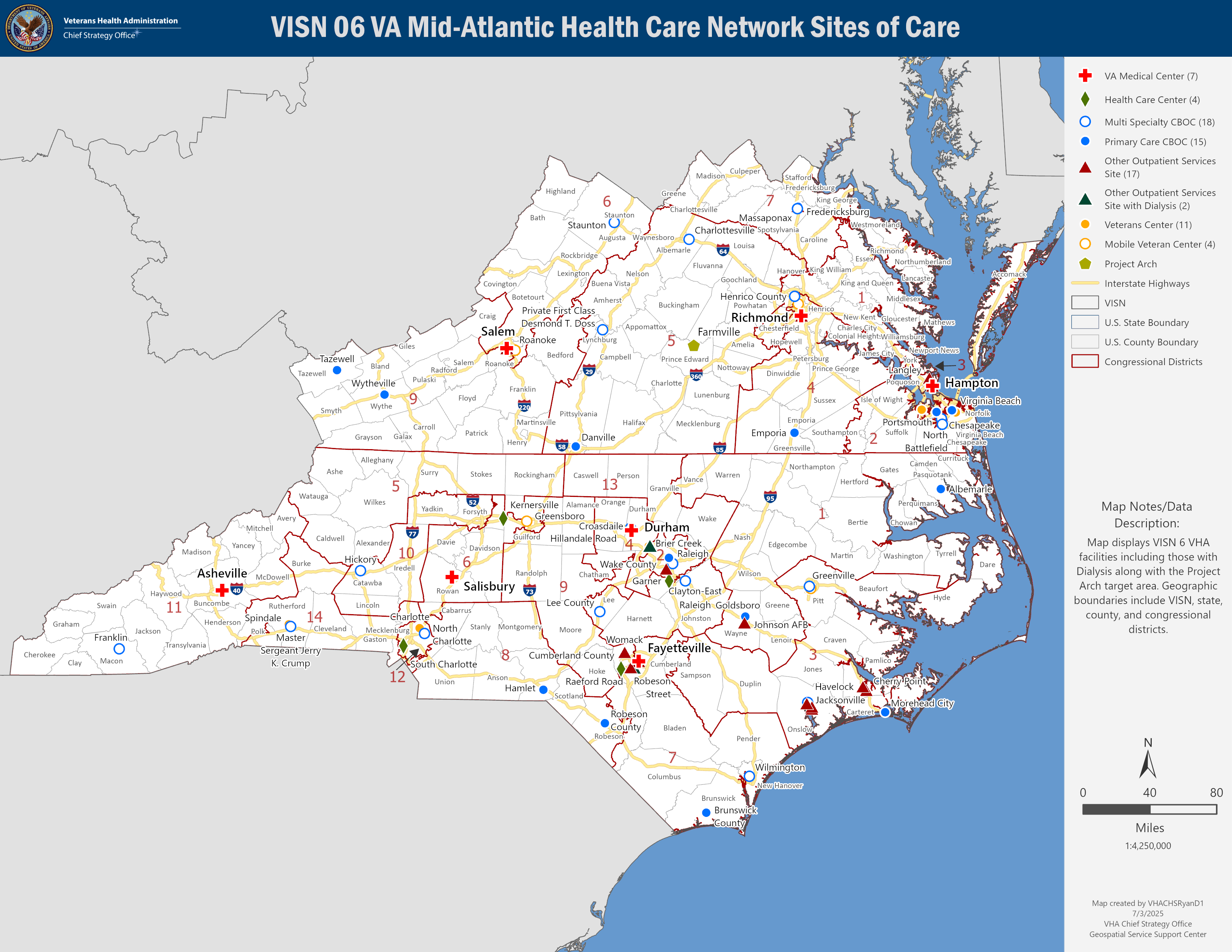 VISN 6 service area map. Shows portions of Virginia and all of North Carolina.