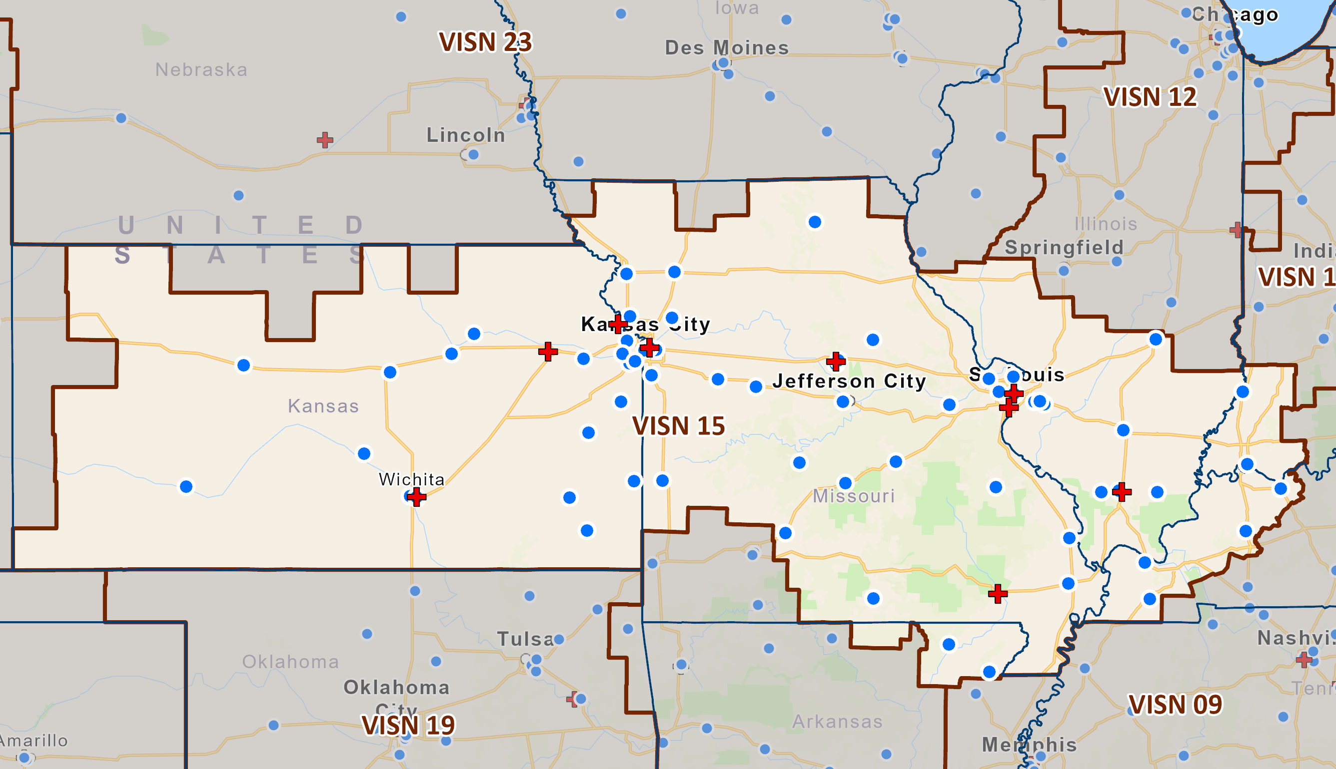 VISN 15 includes portions of Arkansas, Illinois, Indiana, Kansas, Kentucky, and Missouri.