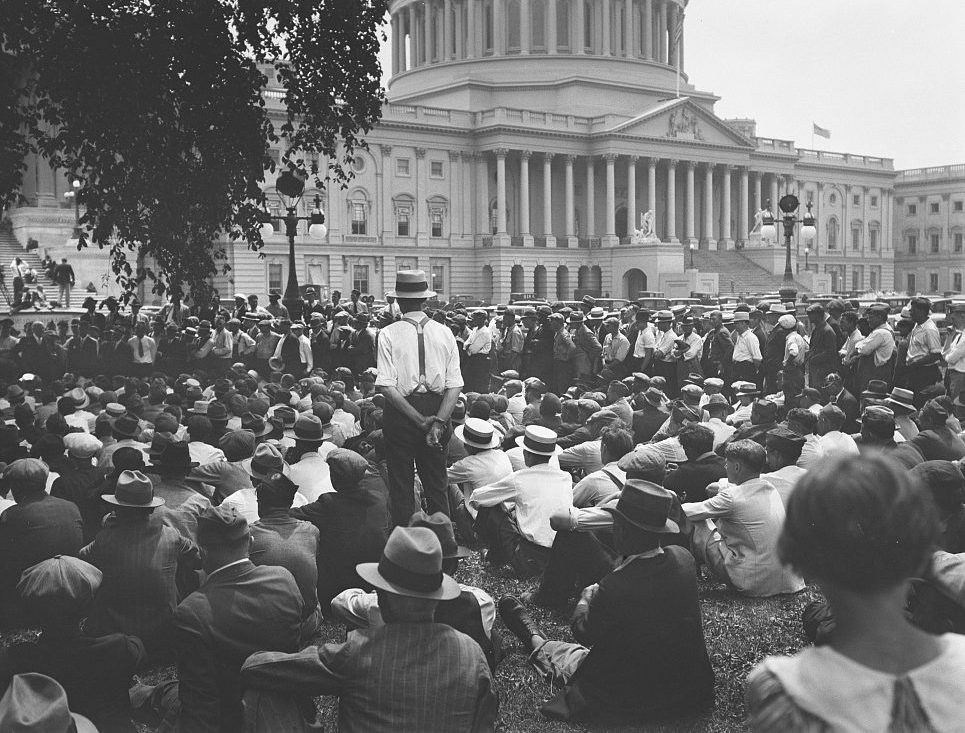 Bonus Army Veterans on the grounds of the U.S. Capitol, in the summer of 1932. (Library of Congress)