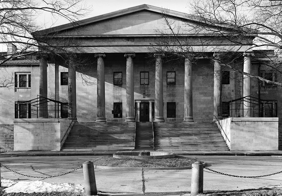 Detail of the central portico and its Ionic columns. The building was designated a National Historic Landmark in 1975, photograph 1964. (Library of Congress)