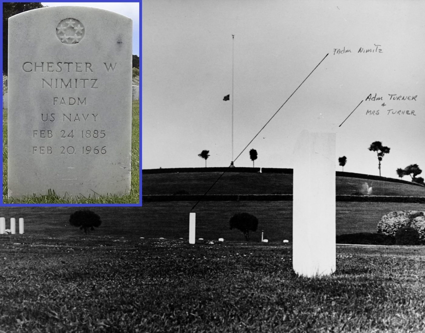 1966 photo showing Nimitz burial plot, with graves of Admirals Nimitz and Turner and space reserved for Admirals Spruance and Lockwood (NHHC) Inset: Nimitz headstone. (NCA image)