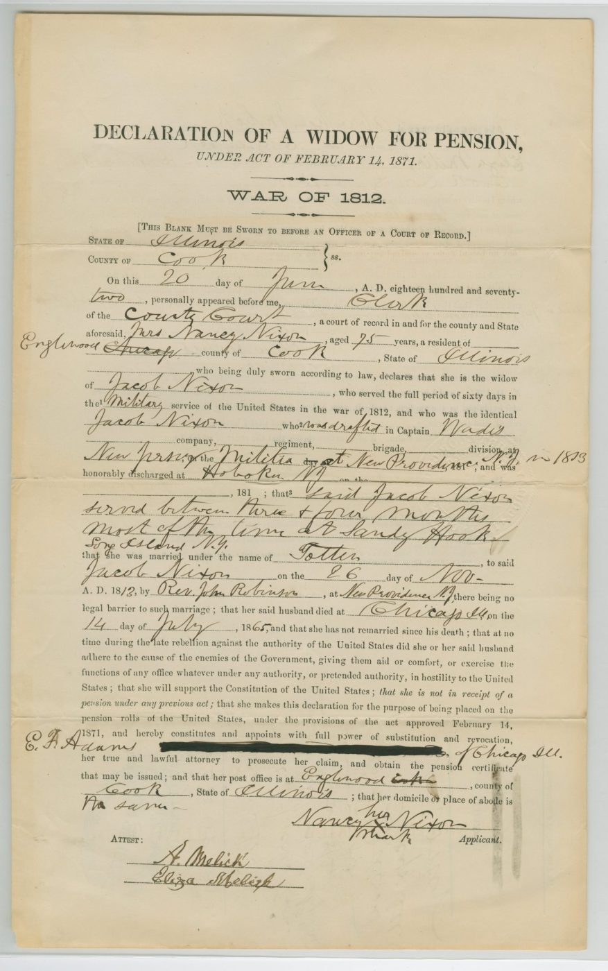 Pension application submitted in 1872 by widow of War of 1812 Veteran who died in 1865. (National Archives)