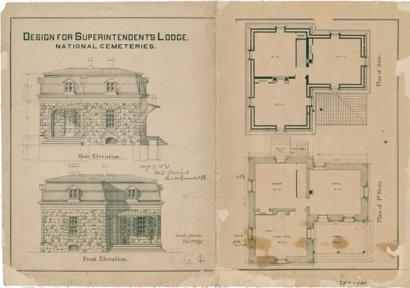 Elevation views and plans for the definitive superintendent lodges with signature of Quartermaster General Montgomery C. Meigs, dated August 17, 1871. (NCA)