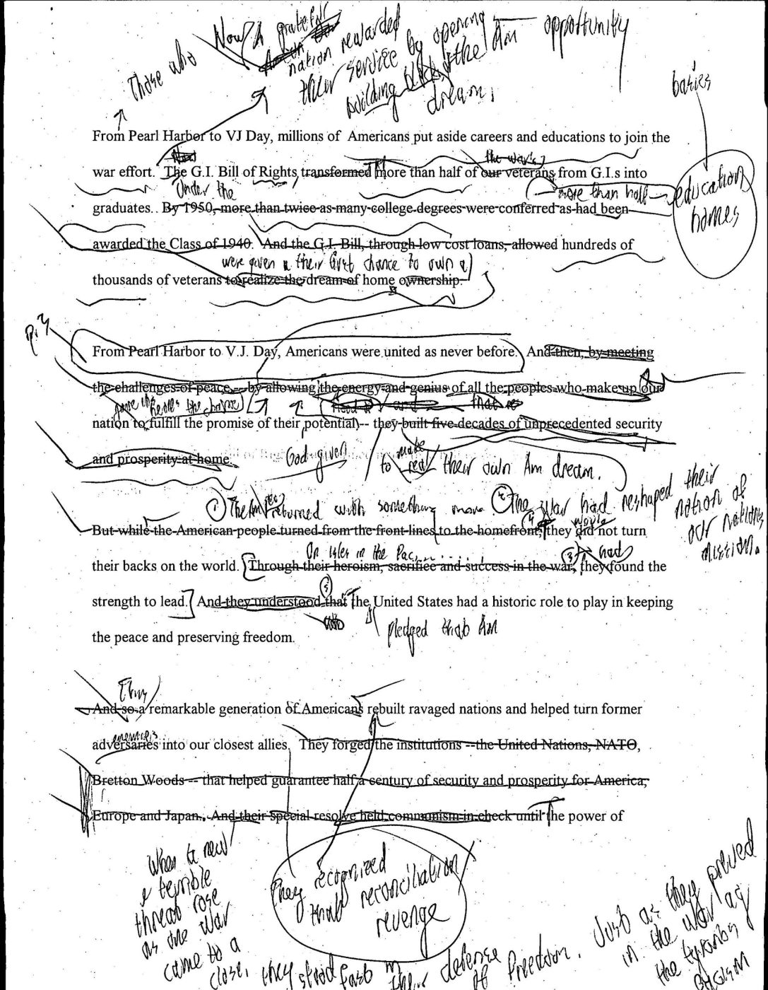 Page from draft of Clinton’s speech showing edits made by speechwriters. Several versions are in the Clinton Presidential Library. The remarks as delivered varied slightly from even the last draft of the speech. (Clinton Presidential Library)