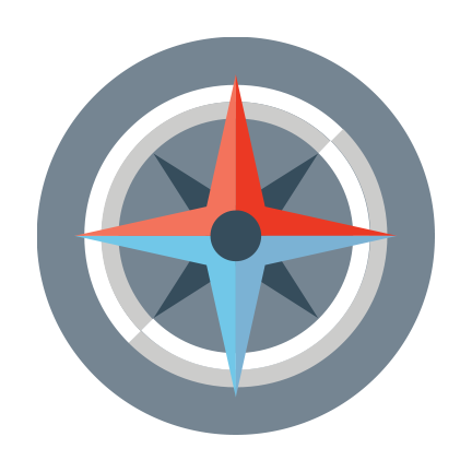 Gray compass with red shaded directional arrows on top and light blue directional arrows on bottom