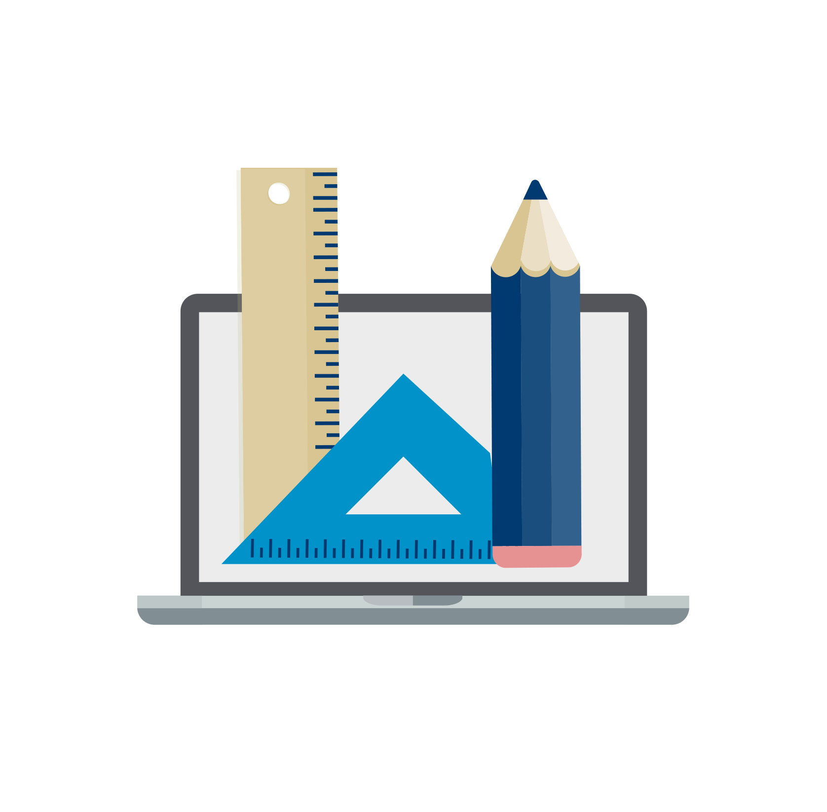 Laptop computer with ruler, set square and pencil on center of screen