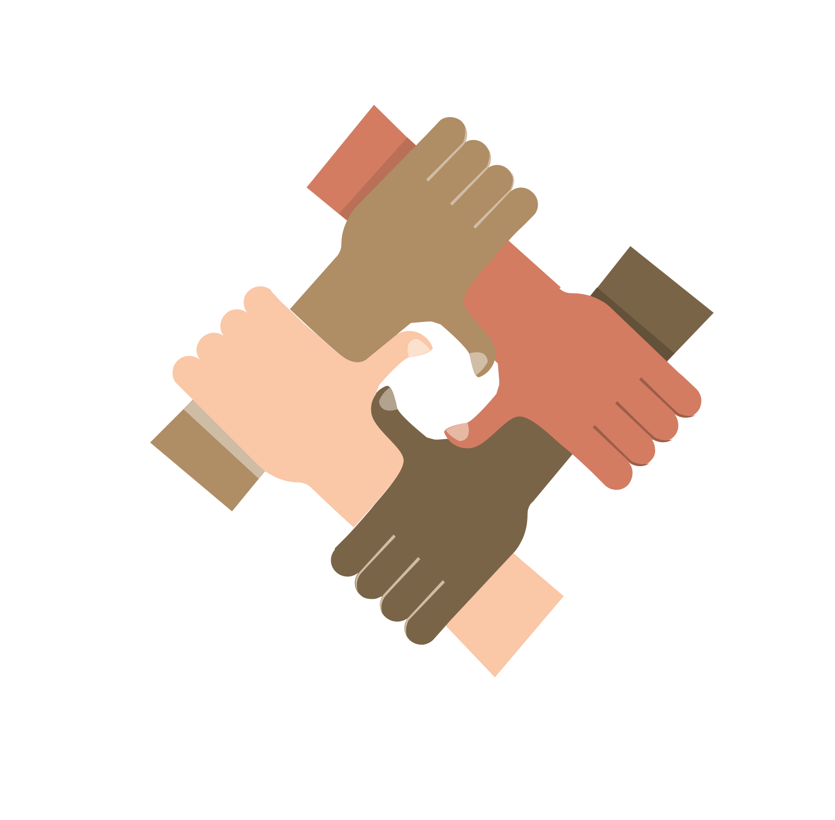 Veteran trust in VA illustrated by four hands of various skin tones gripping each other in a square shape