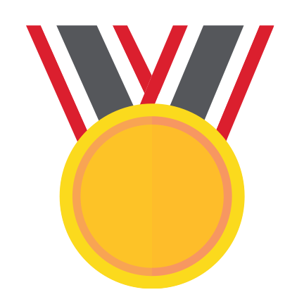 Award with red, white, and dark gray ribbon tied to gold medal