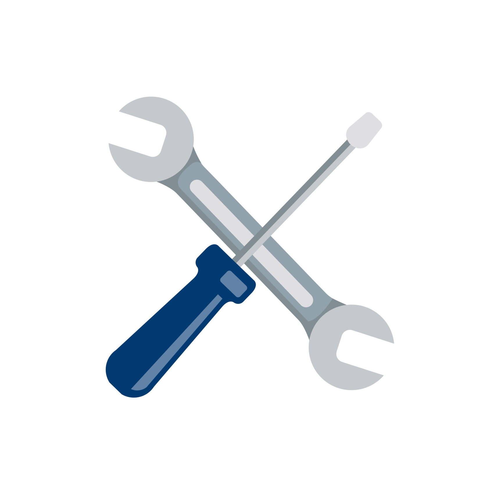 Gray screwdriver with dark blue handle on top of gray wrench.