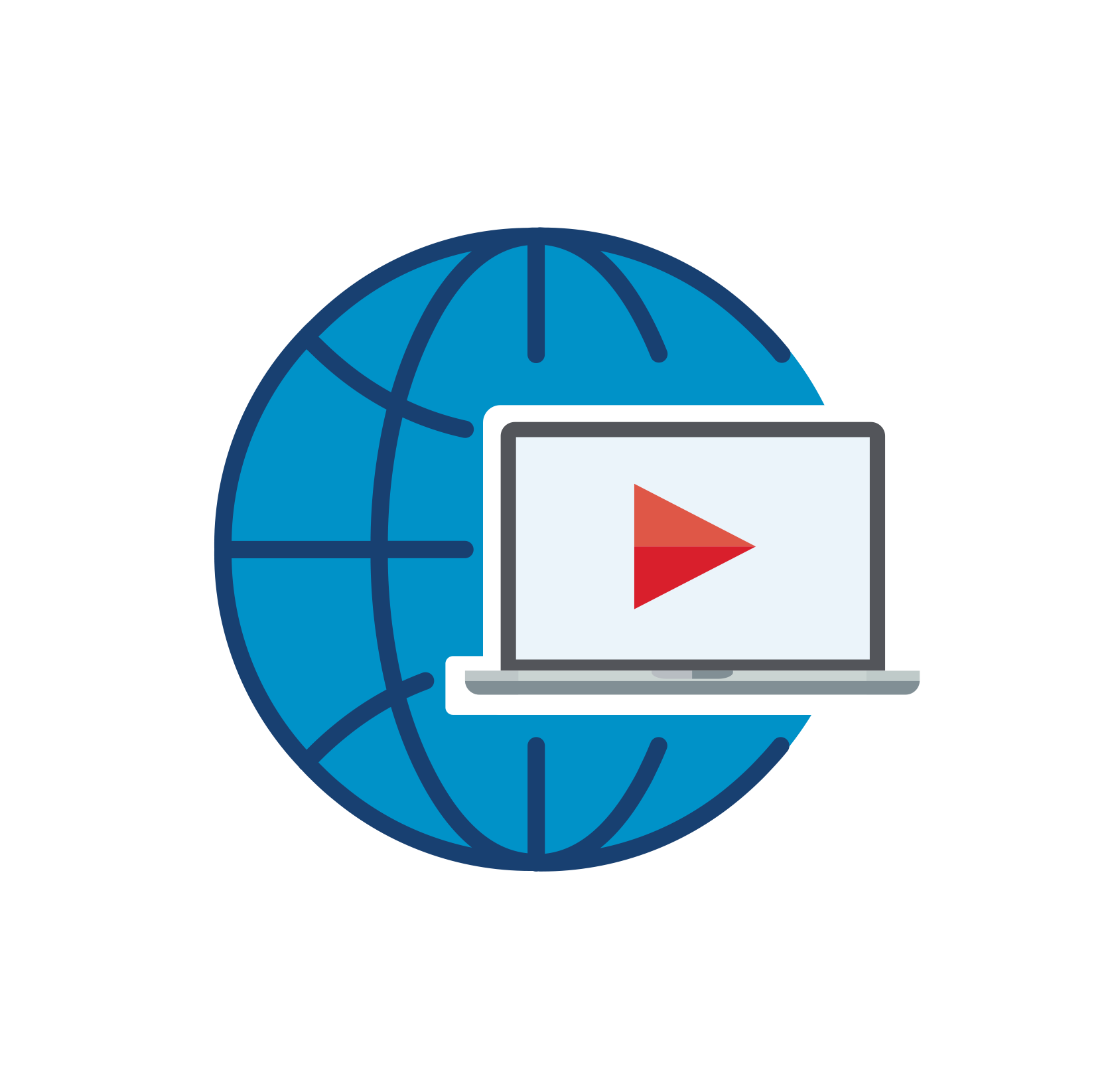 Light blue globe with dark blue axis outlines. A laptop computer with a red play button is in front of globe.