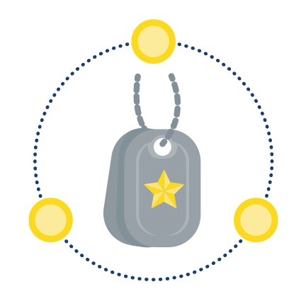 Military dog tags with yellow star in the center surrounded by dark blue dotted line with three yellow dots