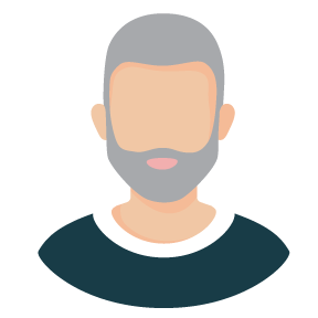 Male with gray hair, gray beard, and black shirt with white collar