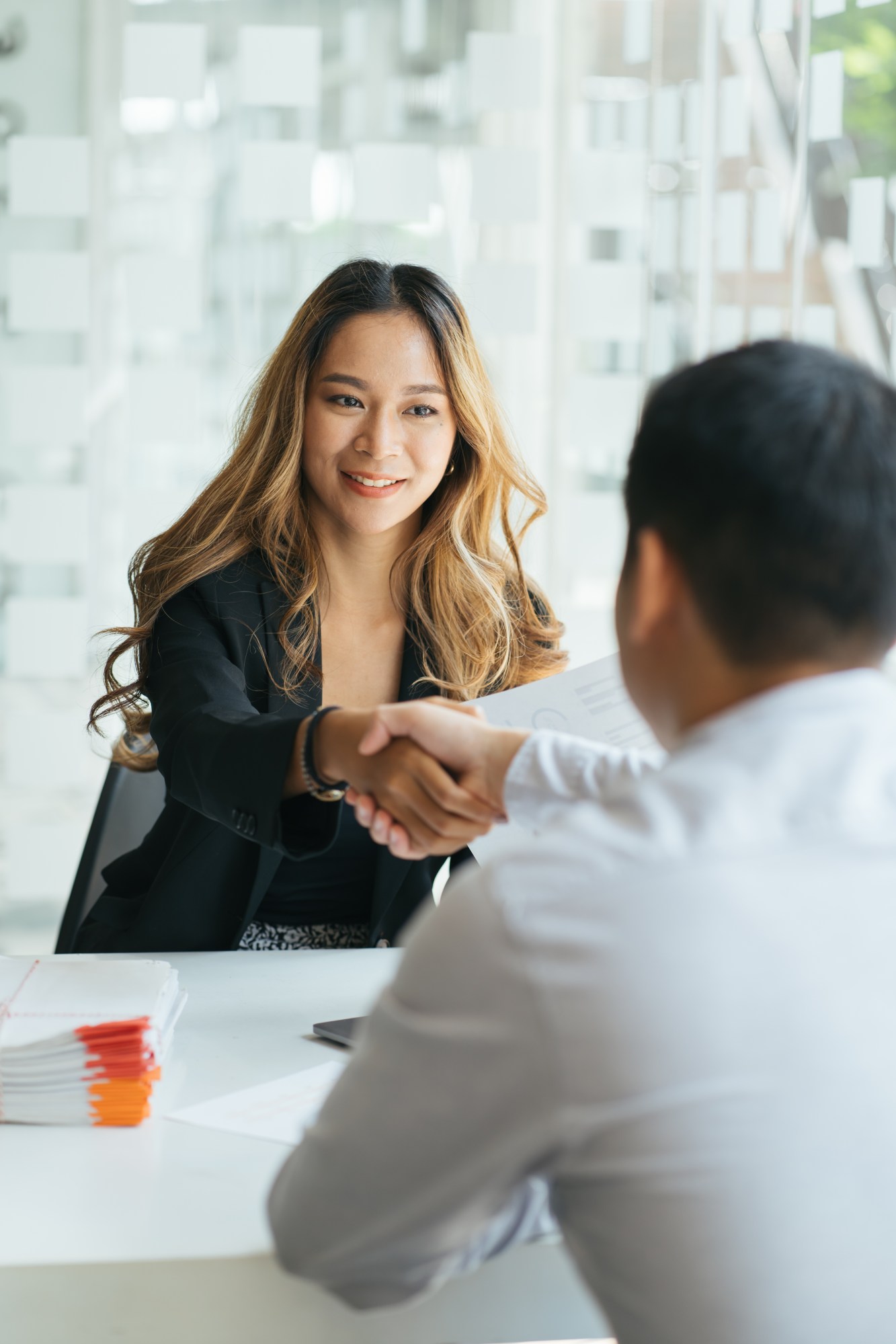 Pretty business woman shaking hands with businessman in her office during meeting