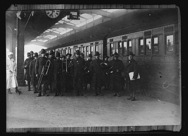 Pvt. Grimsley and the American Rastatt Prison Camp Band in Basle, photographed on December 7, 1918, when the first trainload of released Privates entered into Switzerland. (Library of Congress)