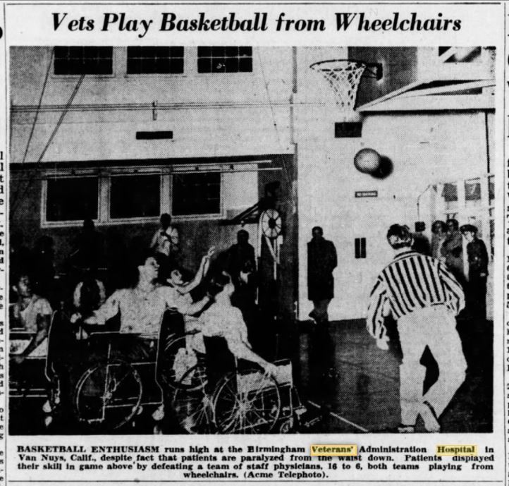 This article signified the arrival of wheelchair basketball with a recap of the November 25, 1946 game between the Veterans and their doctors at the Birmingham VA Hospital in Van Nuys, California. (Birmingham Star Gazette)
