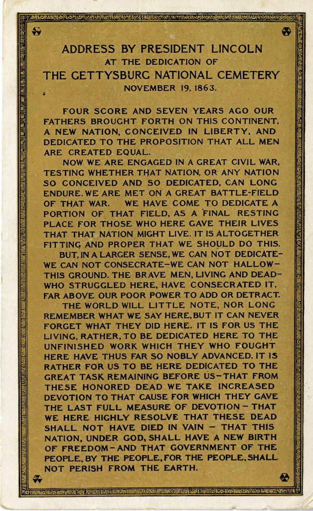 Lincoln Centennial Souvenir postcard with Gettysburg Address tablet as installed in the cemeteries, ca. 1909. (NCA History Collection)