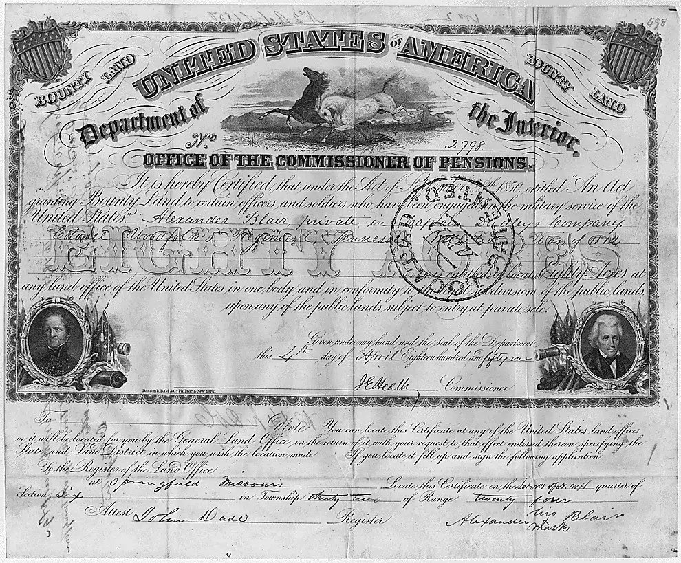 Bounty Land Warrant for 80 acres issued to War of 1812 Veteran in 1851. The 1855 act made him eligible for another 80 acres. (National Archives)