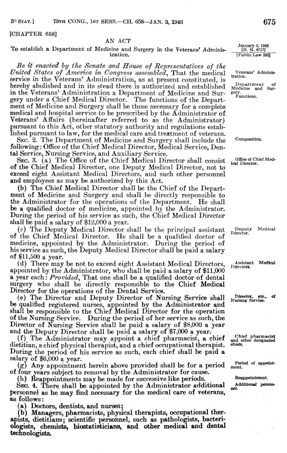 The first page of Public Law 79-293, The Department of Medicine and Surgery Act, 1946. (Library of Congress)