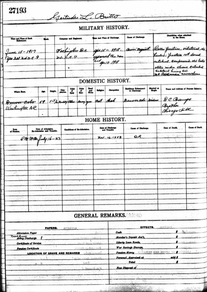 Roster from the Leavenworth, Kansas, branch of the National Home for Disabled Volunteer Soldiers showing arrival date and personal information for first female Veteran admitted to the National Home system. (Ancestry.com)